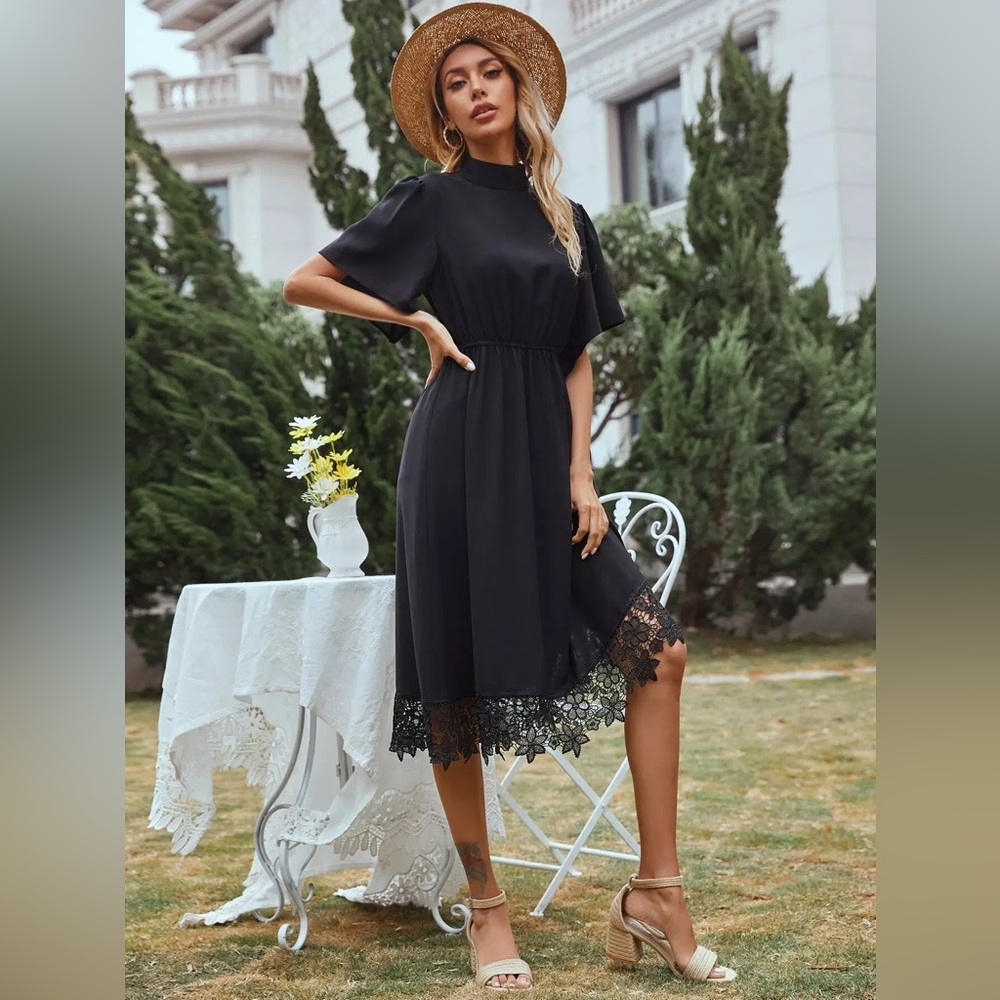 SHEIN Black Midi Dress with Lace Hem and Flutter Sleeves